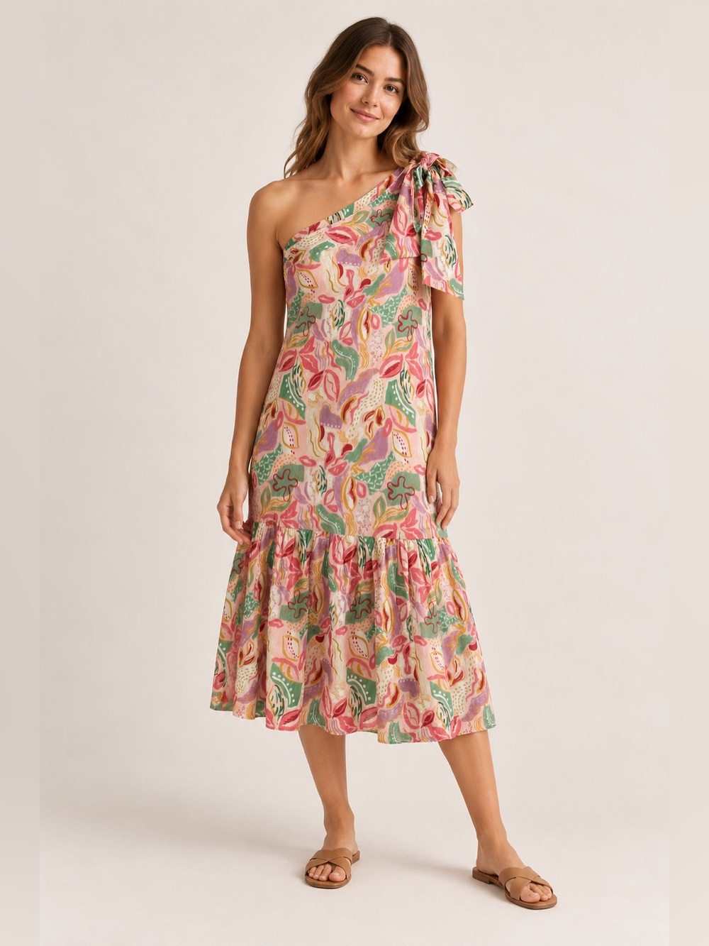 Tuckernuck Floral One Shoulder Bow Tiered Midi Dress M